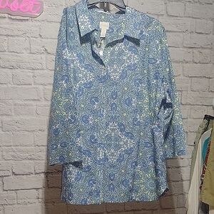 Chico's Blue and White Paisley Button Down Shirt NWT Xl